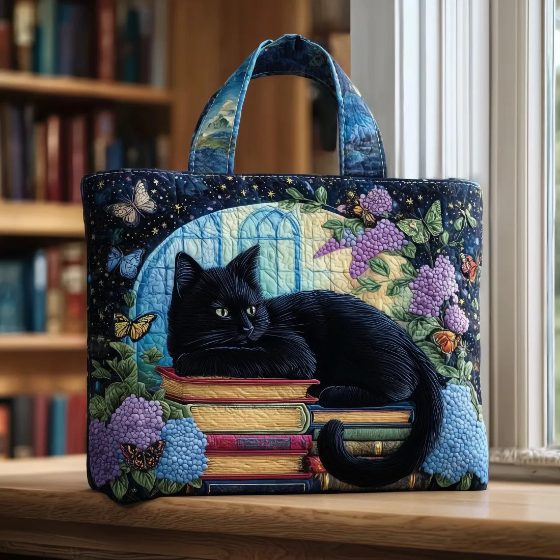 Handgemaakte Tas – Zwarte Kat op Boeken