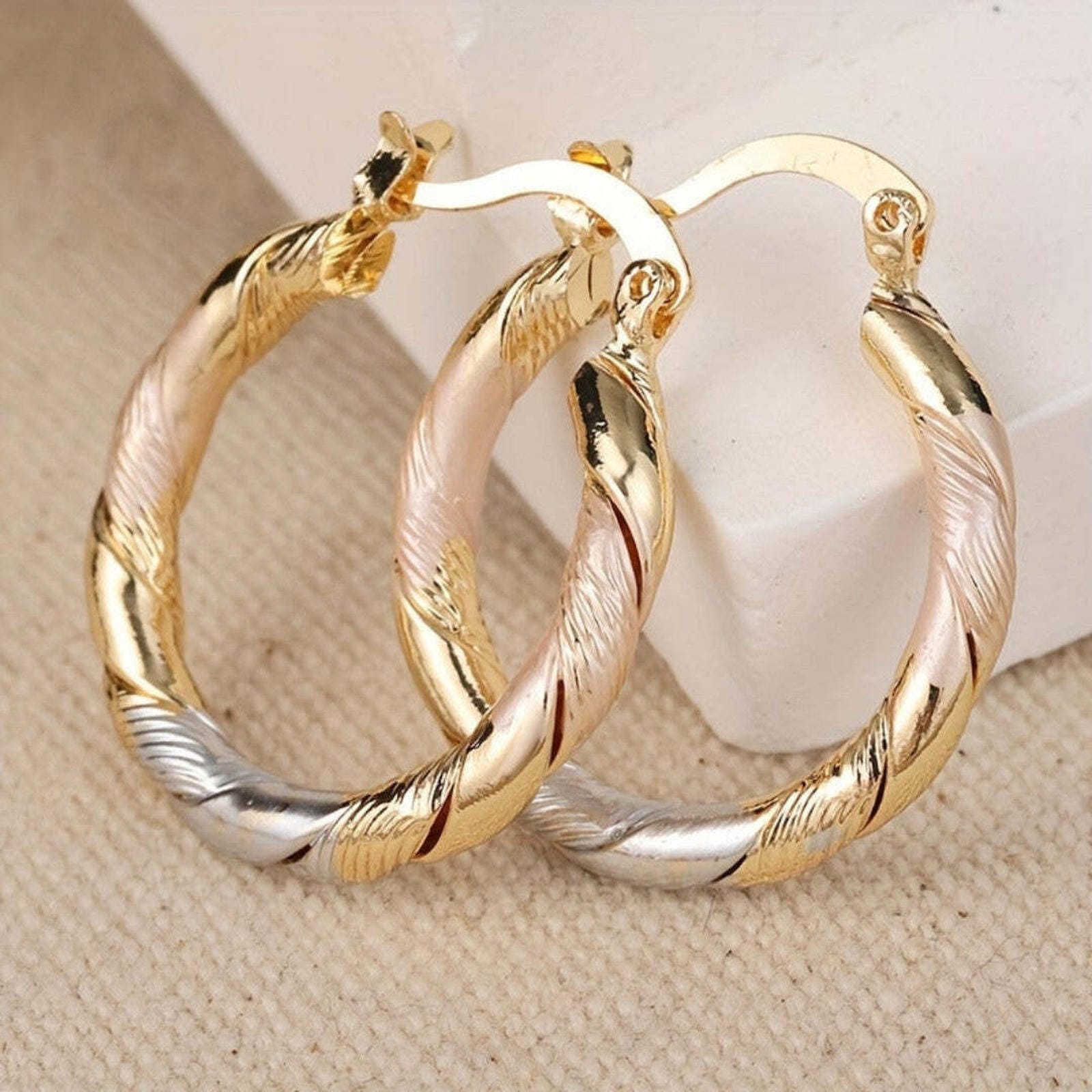 Vintage Ronde Hoepel Oorbellen in Goud, Zilver en Roze