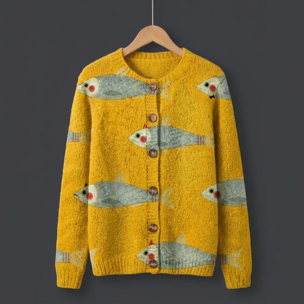 Lisette | Vintage Vis Sardines Kunstprint Knoop Vest