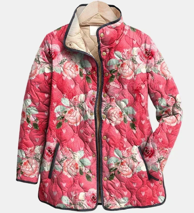 Freya | Elegante Gequilt Jasje met Roze Bloemenprint