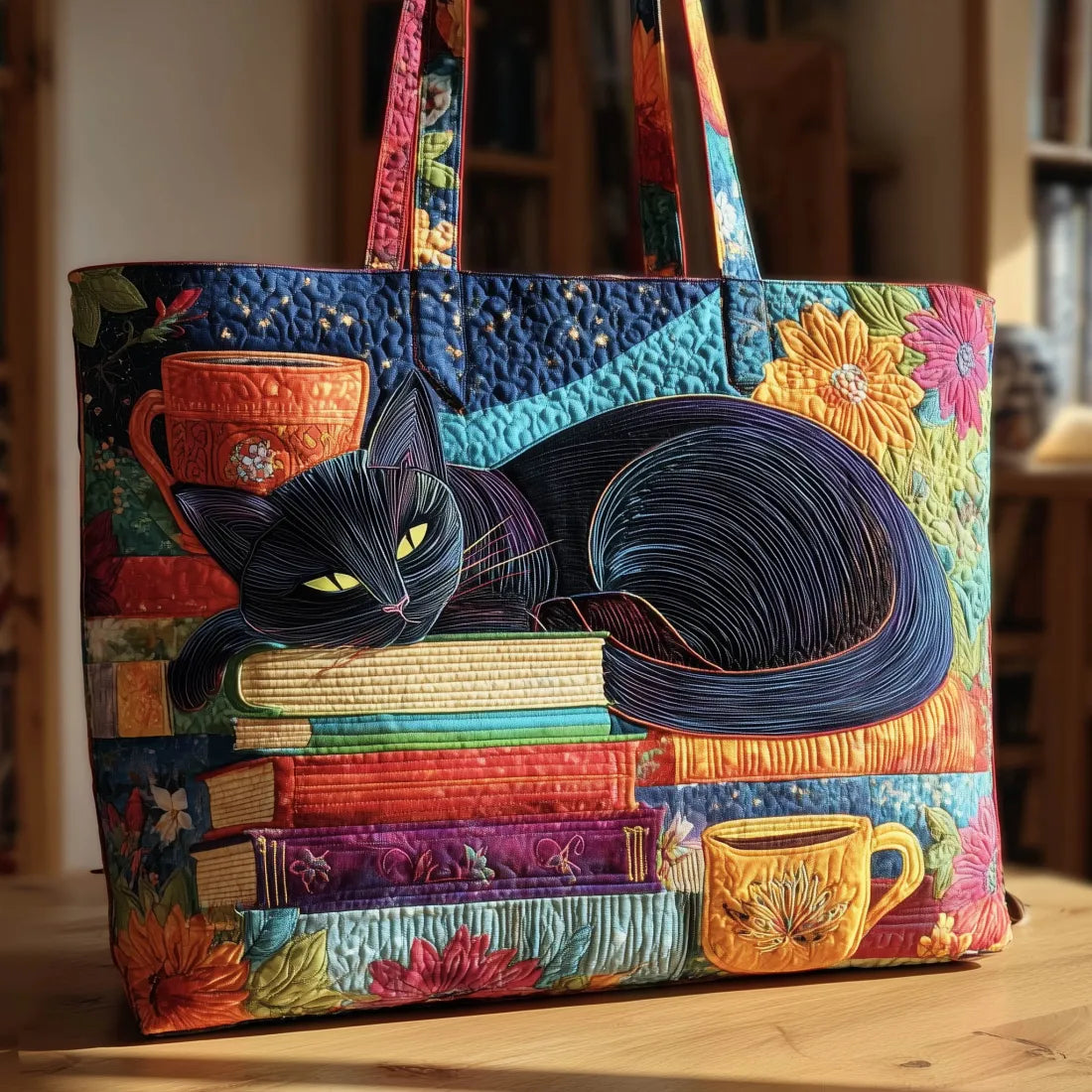 Handgemaakte Tas – Zwarte Kat met Boeken en Kopjes