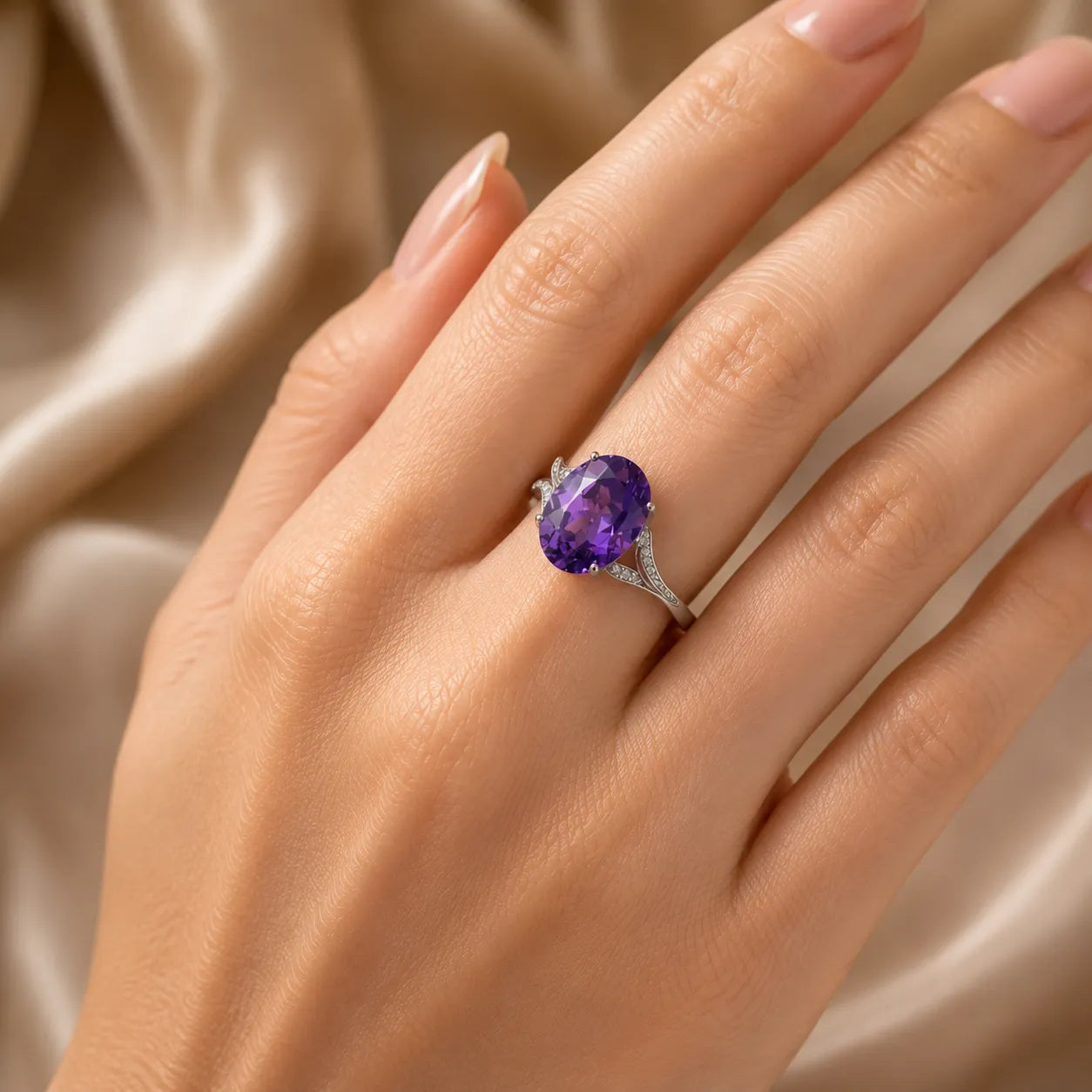 Elegante Zilveren Ring met Amethist en Zirkonia