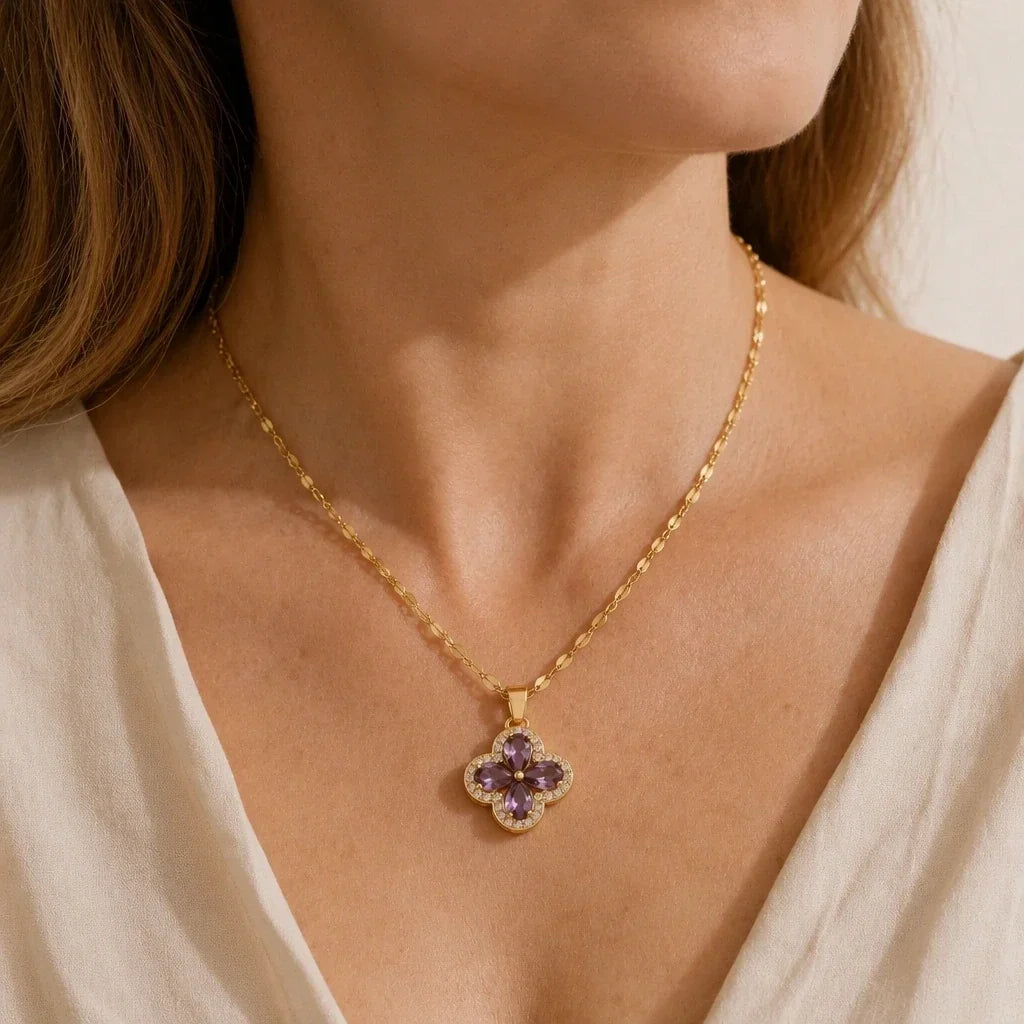 Stijlvolle Amethist Klavertje Hanger Ketting