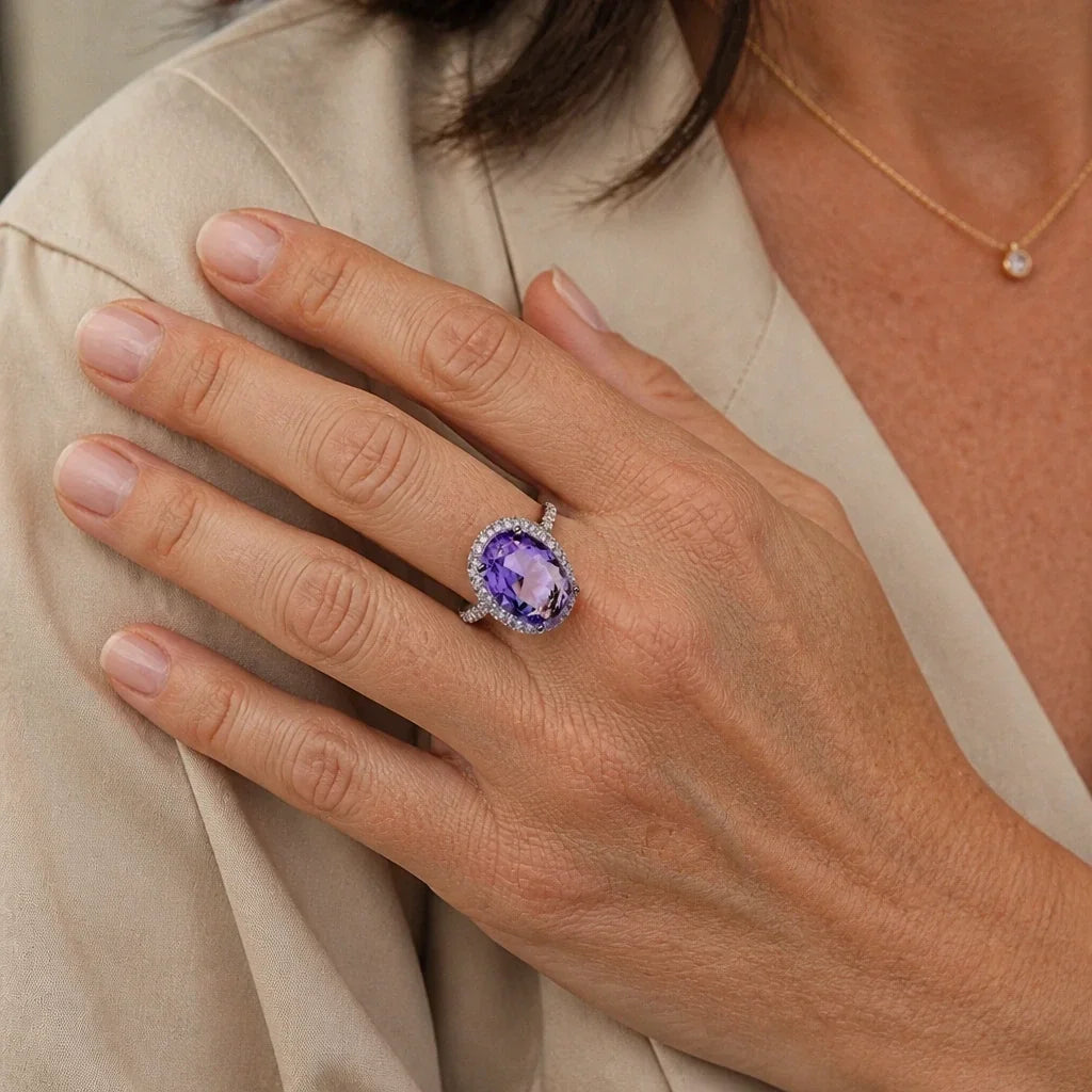 Zilveren Ring met Ovale Amethist en Zirkonia