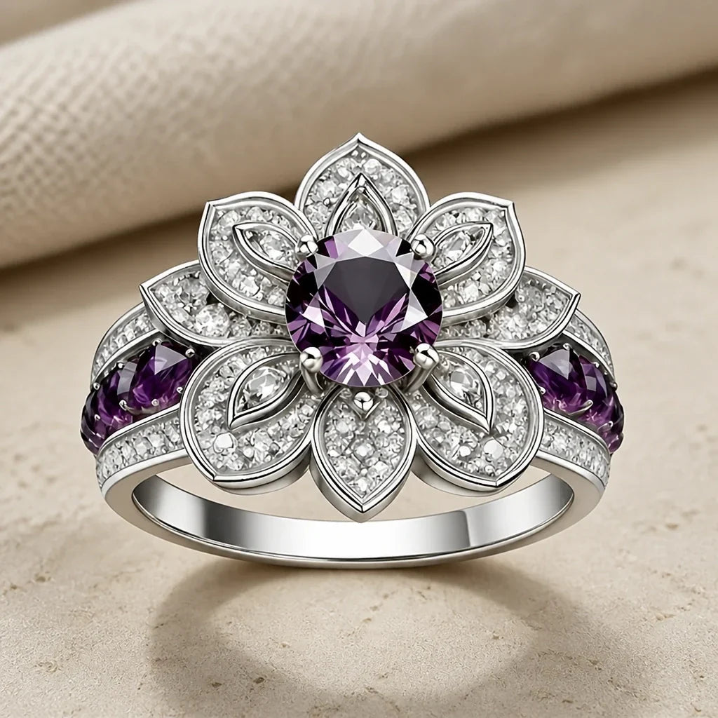 Zilveren Ring met Paarse Lotus