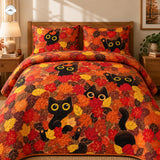 Gequilte Beddengoed Set met Zwarte Katten en Herfstbladeren - LV136