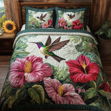 Gequilt Beddengoed Set met Kolibrie en Hibiscus Bloem Motief - QV39