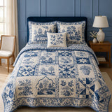 Chinoiserie Blauw-Wit Patchwork Bedsprei