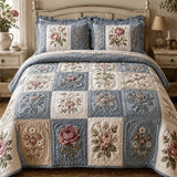 Blauwe en Crème Rozen Gequilt Bedset QV122