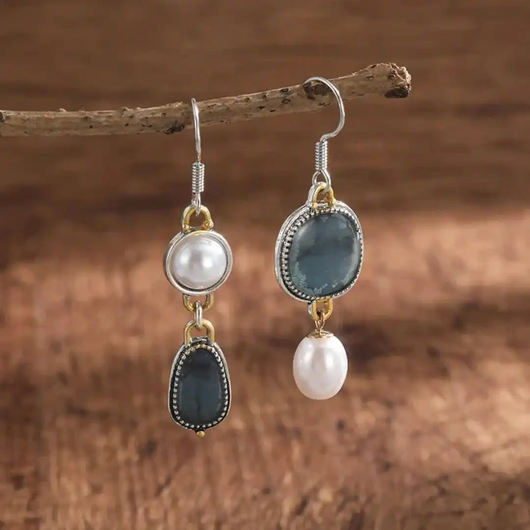 Vintage Blauwe Steen en Parel Oorbellen