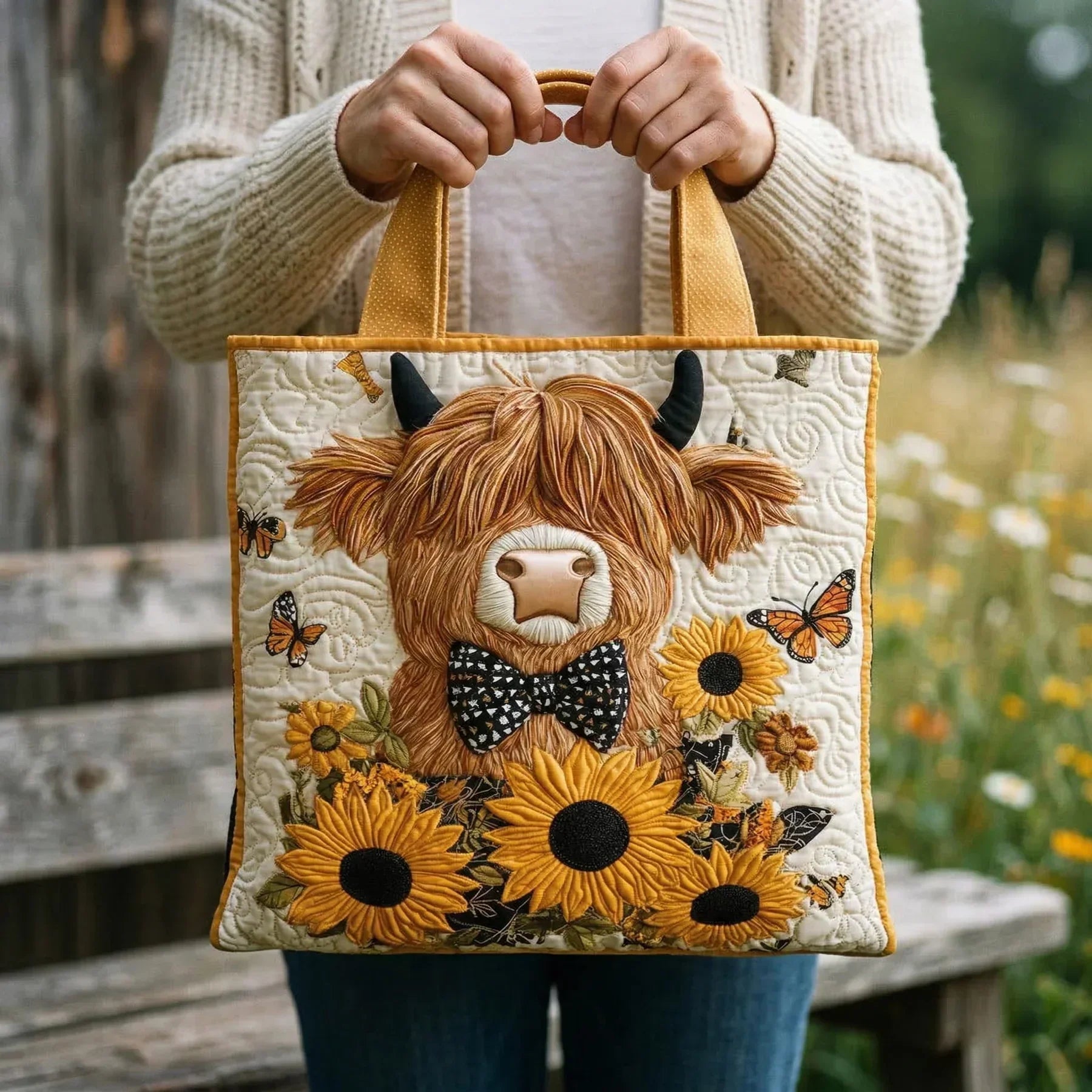 Handgemaakte Tas – Schotse Hooglander en Zonnebloemen