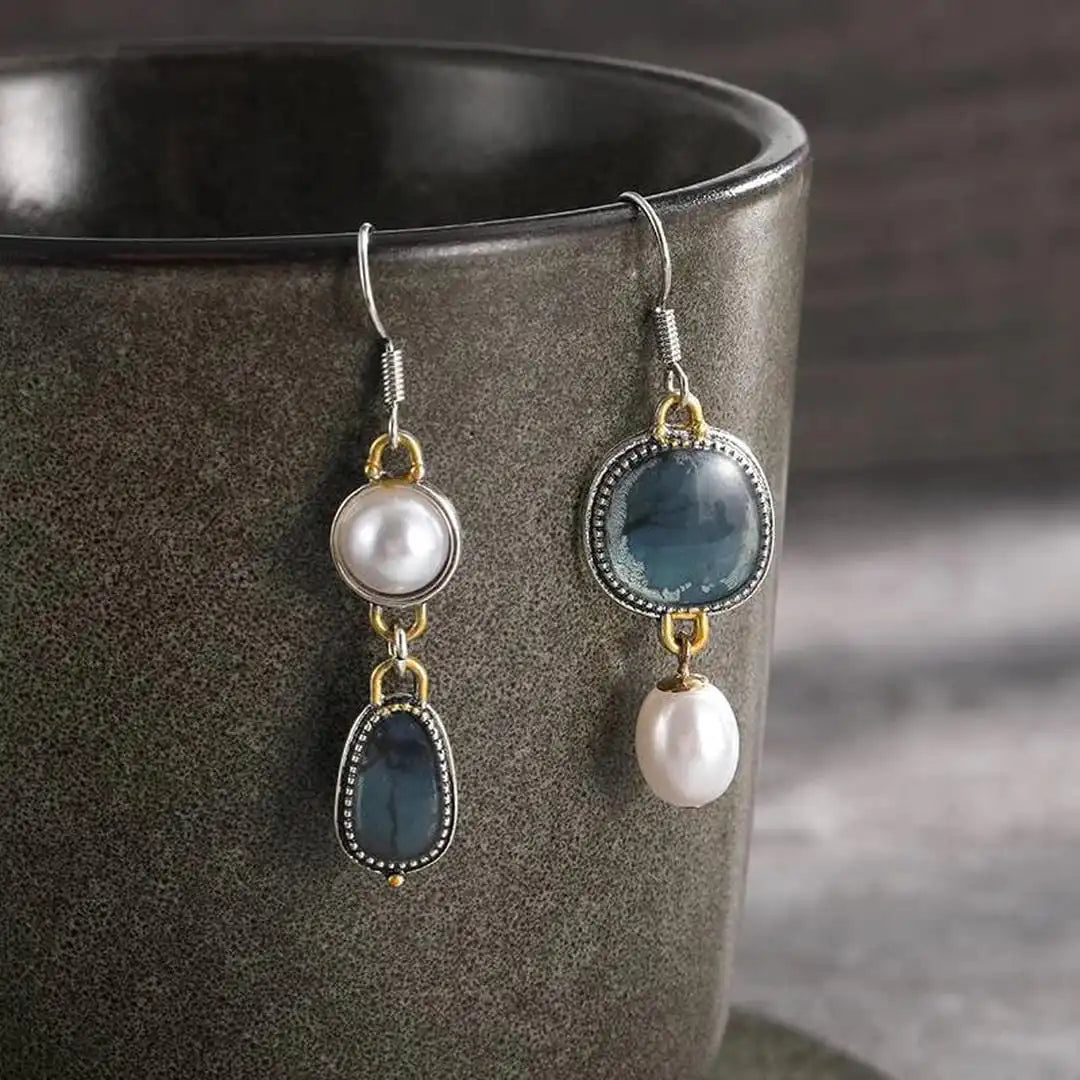 Vintage Blauwe Steen en Parel Oorbellen