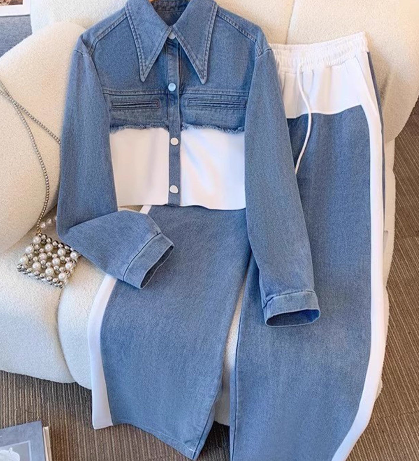 Danielle | Colourblock Cropped Jas & Wijde Pijp Broek Set