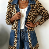 Madeleine | Luipaard Print Denim Paneel Contrast Longline Jas