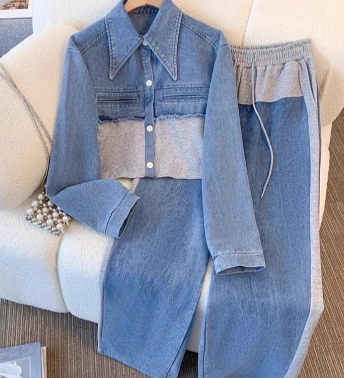 Danielle | Colourblock Cropped Jas & Wijde Pijp Broek Set