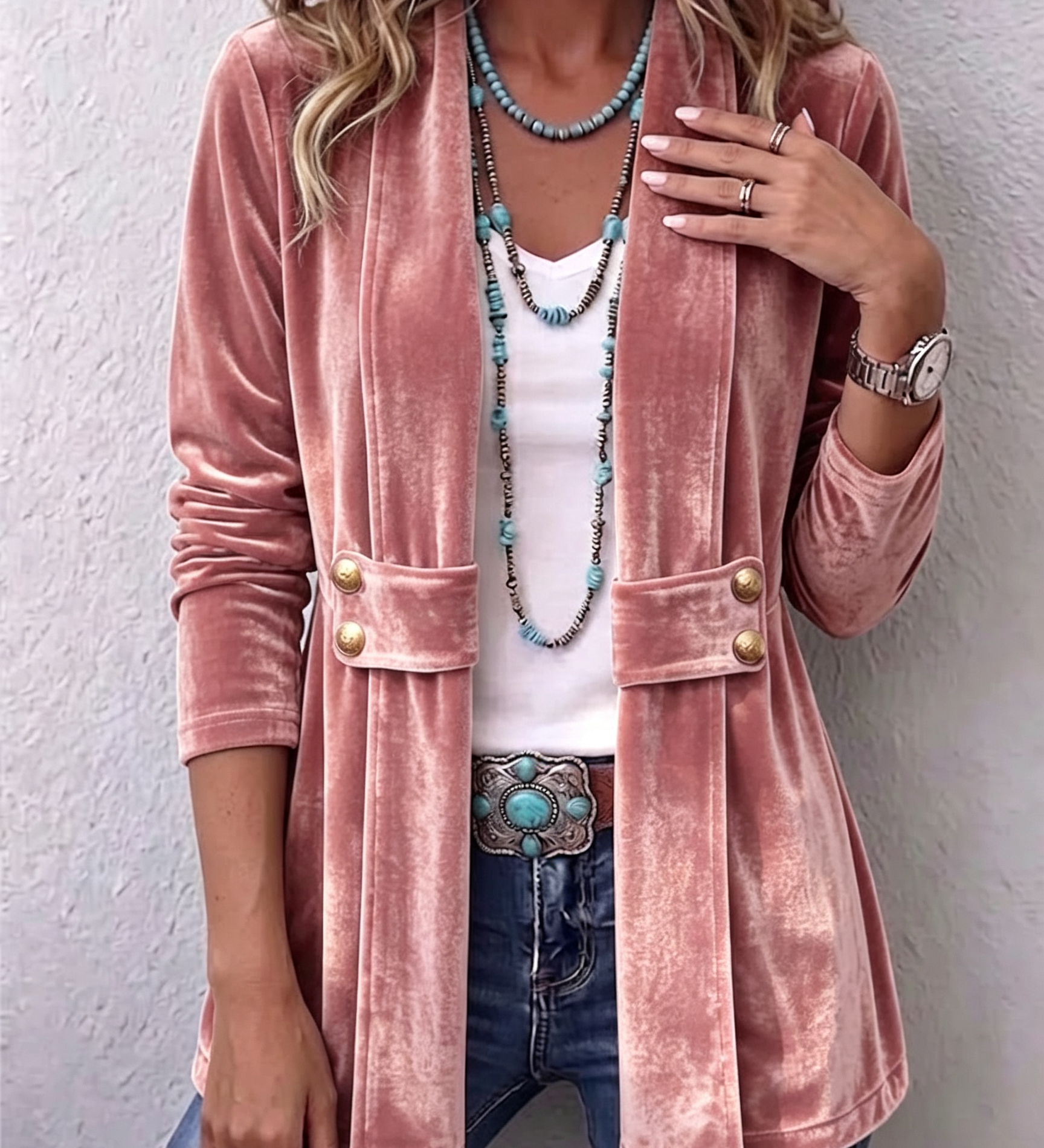 Renée | Vintage Revers Knoop Detail Lange Mouw Open Jas
