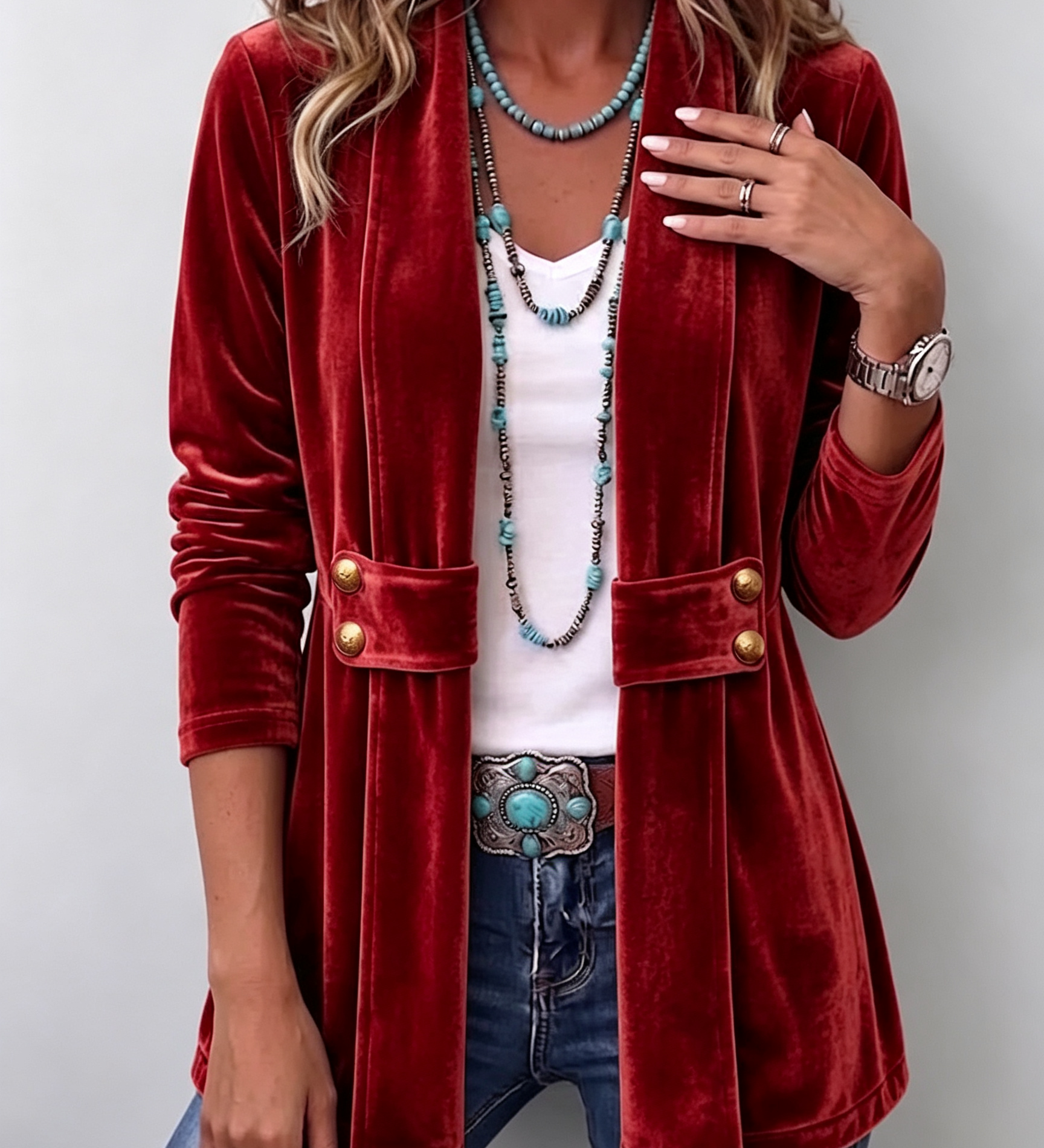 Renée | Vintage Revers Knoop Detail Lange Mouw Open Jas
