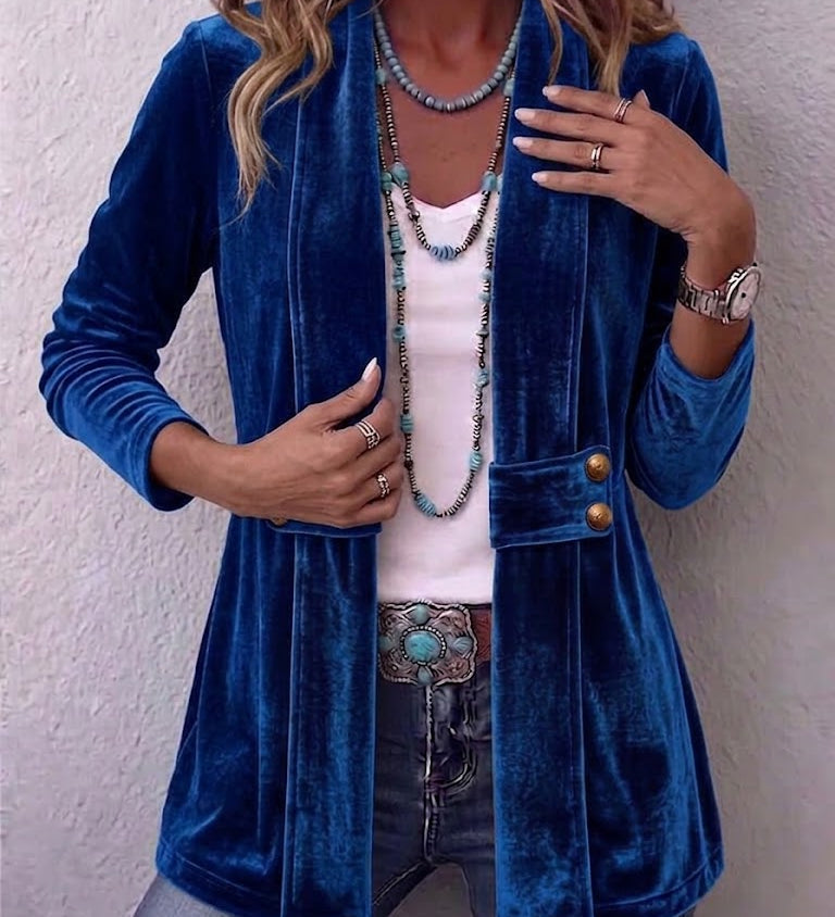 Renée | Vintage Revers Knoop Detail Lange Mouw Open Jas