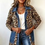 Madeleine | Luipaard Print Denim Paneel Contrast Longline Jas