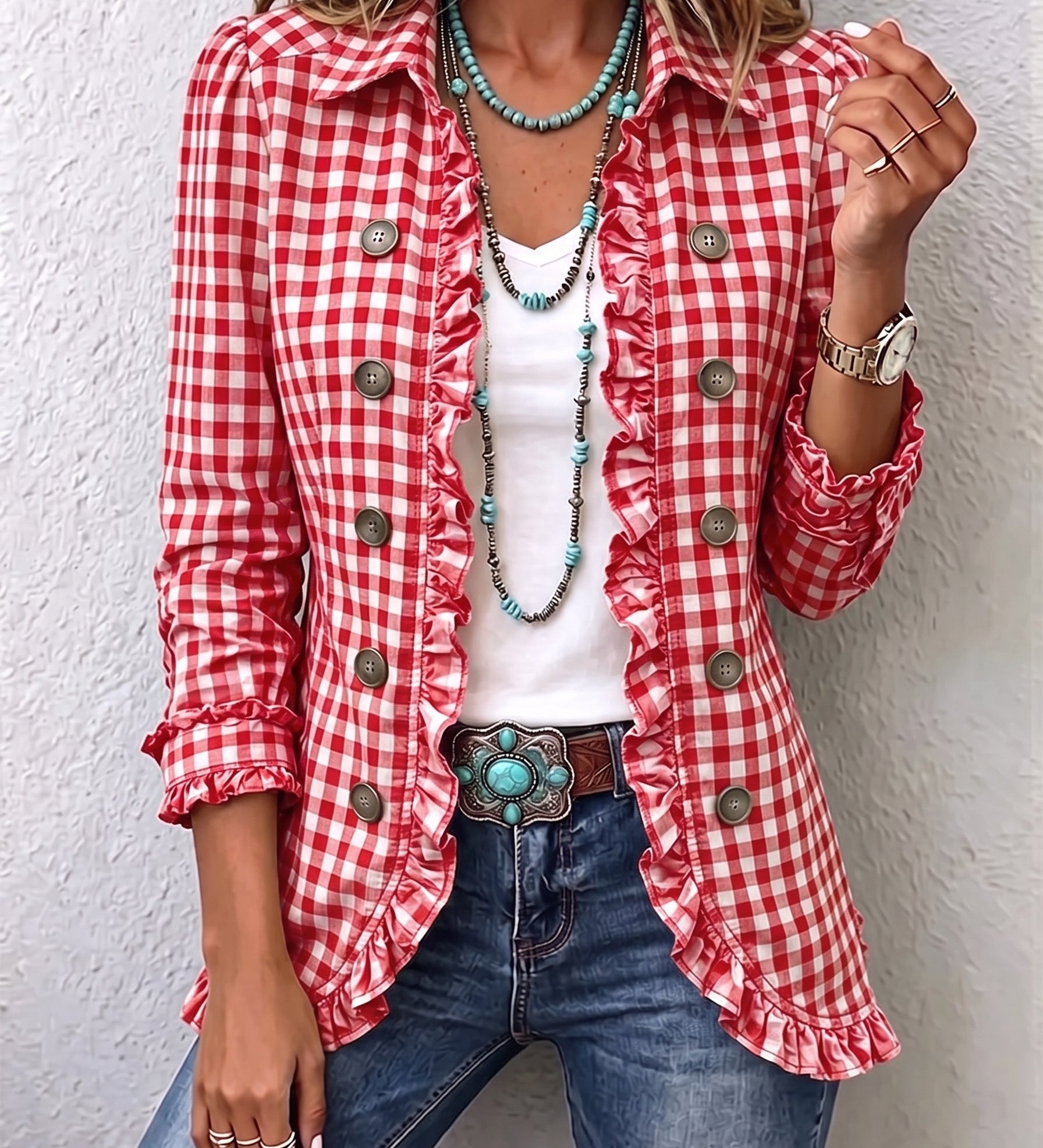 Claudia | Gingham Geplooide Knoop Jas