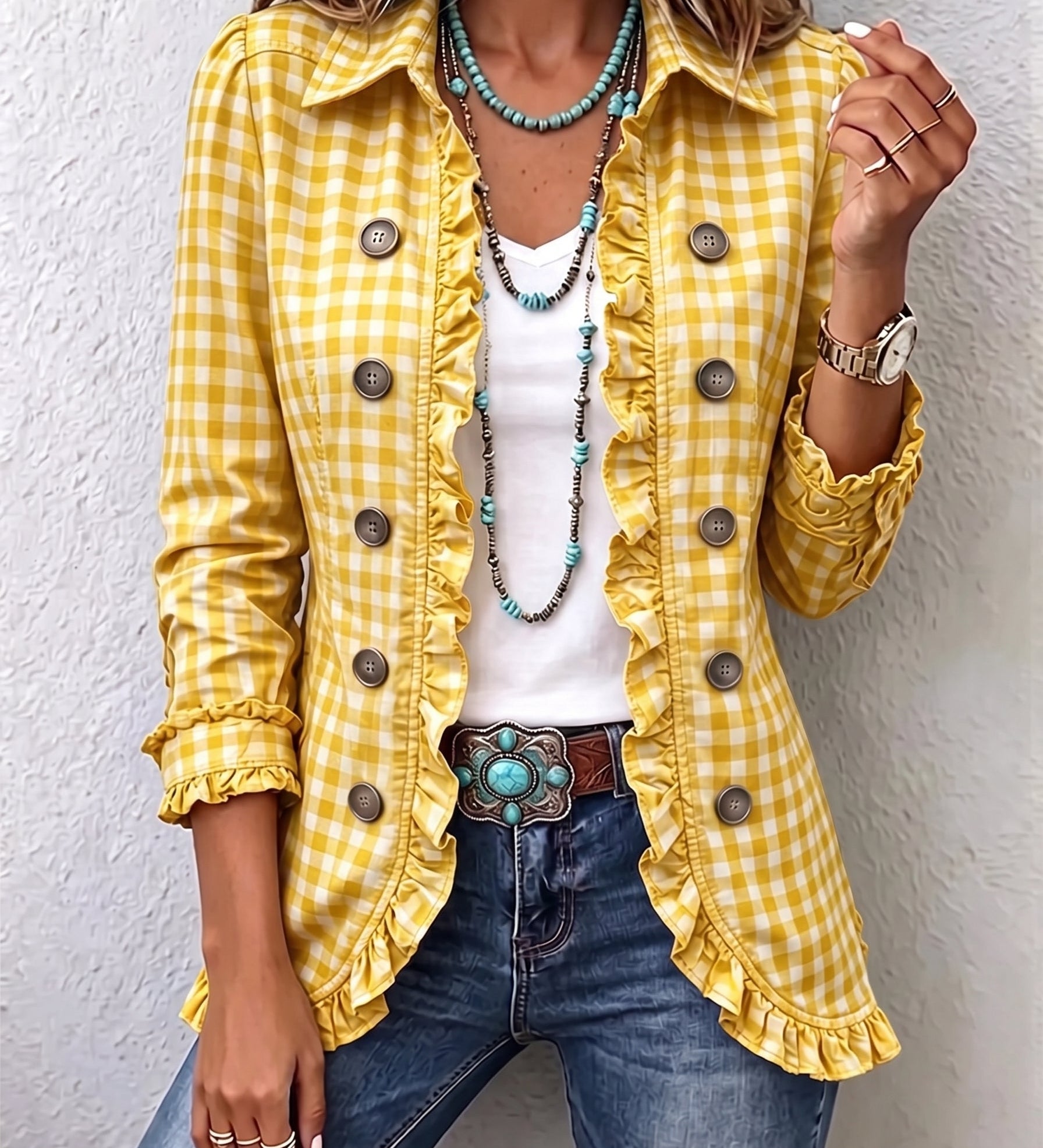 Claudia | Gingham Geplooide Knoop Jas